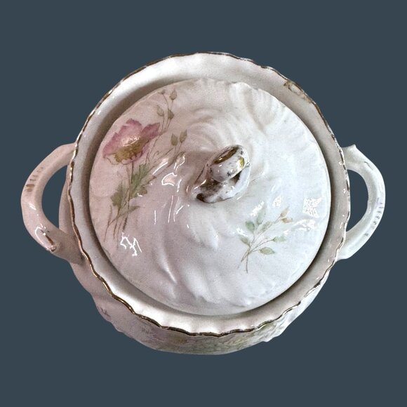 Antique Bavarian China Sugar Bowl Lid Hand Painted Floral Design Made In Germany - Picture 10 of 10